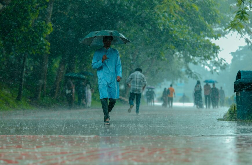 A man in blue walking under heavy rain with umbrella on a tree-lined path.